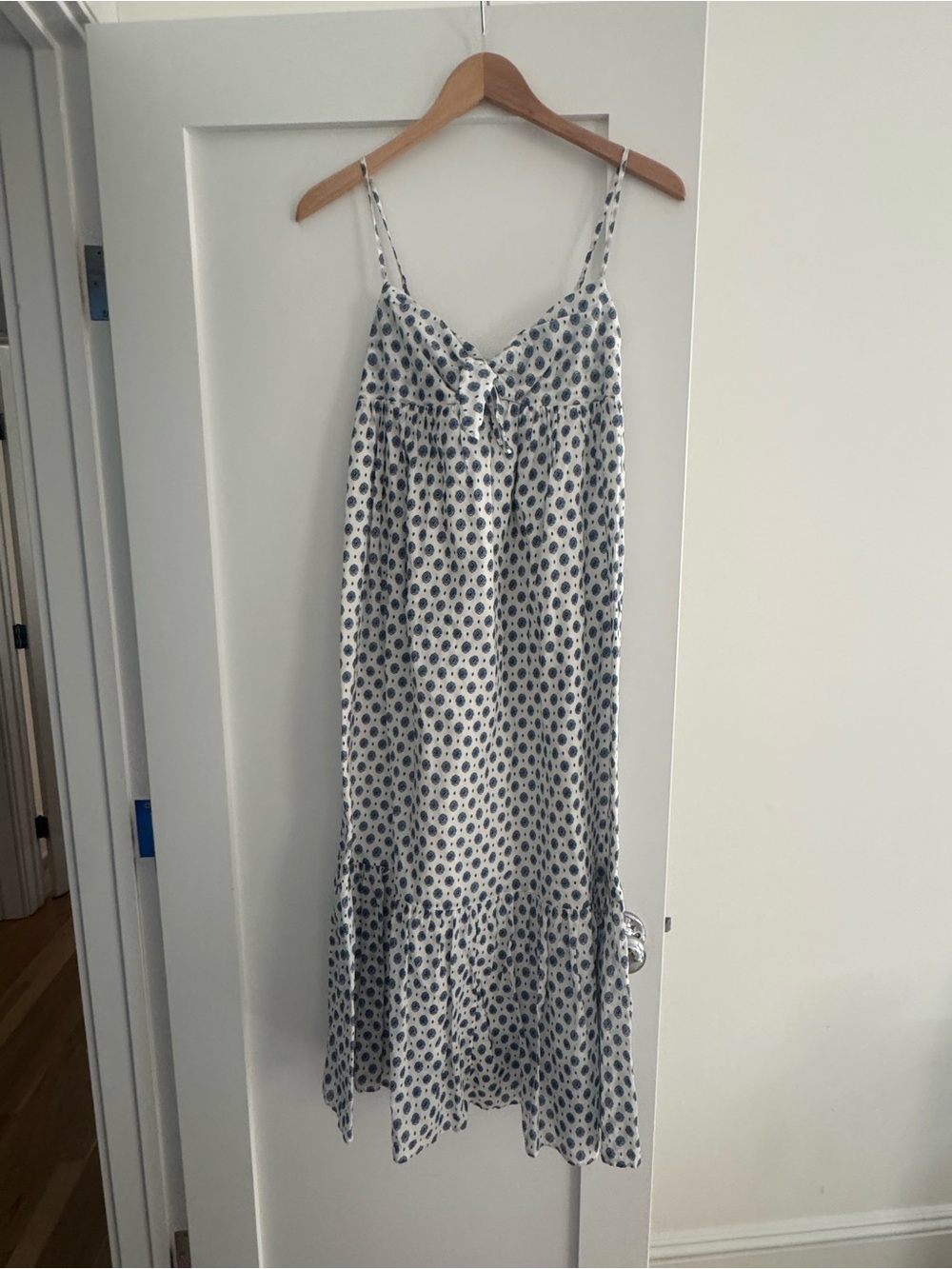 J. Crew White Maxi Slip Dress with Blue Dot Print